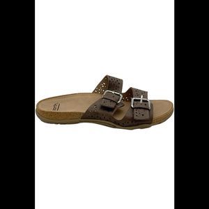 Earth Perforated Leather Slide Sandals Sand Antigua Warm Taupe - Medium